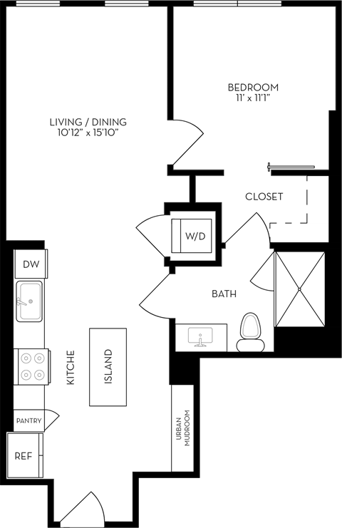 Floor plan for 1 bed, 1 bath, 738 sqft